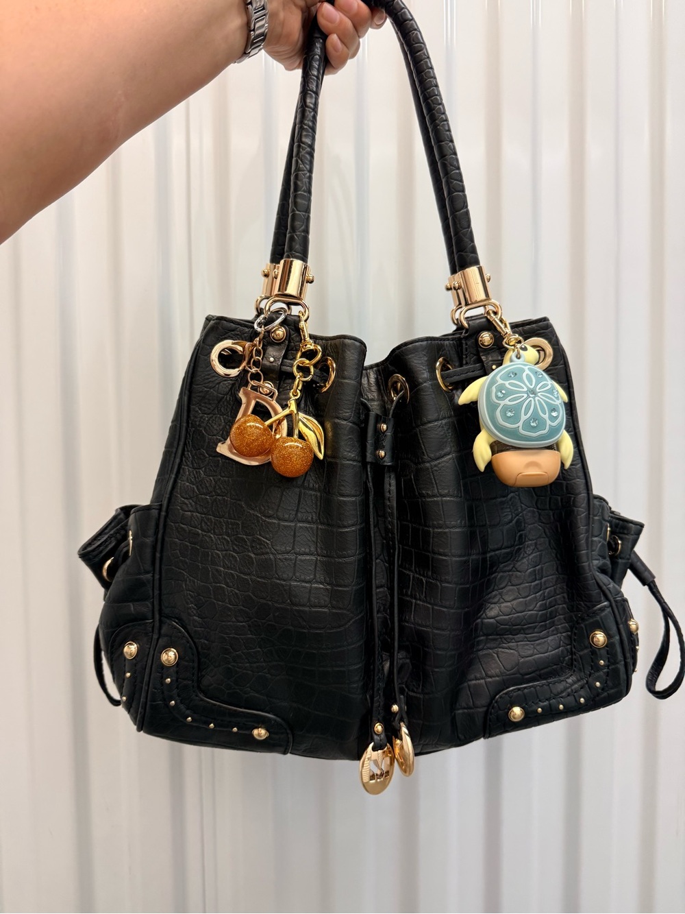 Michael Kors Black Croc-Embossed Drawstring Shoulder Bag with Gold Hardware
